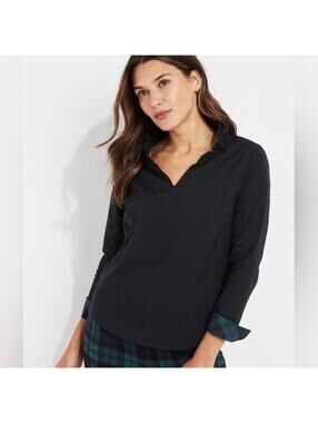 VINEYARD VINES Women’s Cotton Ruffle Neck Popover With Plaid Cuffs In Black-Med